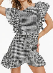 Fashion Casual Flounce Sleeve Square Neck Waist Tie Ruffle Plaid Dress