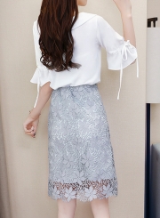 Fashion 2 Piece Flare Sleeve V Neck Front Buttons Top Lace Bodycon Skirt