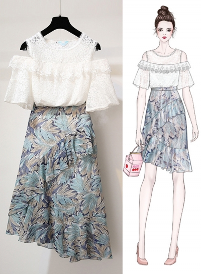 2 Piece Lace Off The Shoulder Round Neck Top Floral Irregular Skirt YOUYOUFASHIONEC.com