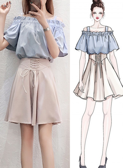 Fashion Solid 2 Piece Off The Shoulder Top High Waist Lace-Up Skirt LEXELFASHIONINTSHOPS.com