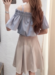 Fashion Solid 2 Piece Off The Shoulder Top High Waist Lace-Up Skirt