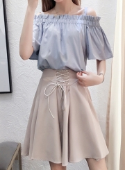 Fashion Solid 2 Piece Off The Shoulder Top High Waist Lace-Up Skirt