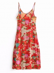 Fashion Sexy Floral Printed Spaghetti Strap Sleeveless V Neck Loose Dress