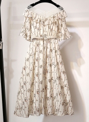 Fashion Floral Off The Shoulder Half Sleeve High Waist A-line Dress