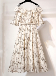 Fashion Floral Off The Shoulder Half Sleeve High Waist A-line Dress