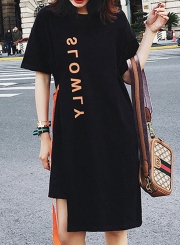 Casual Letters Printed Short Sleeve Round Neck Lace-Up Irregular Tee Dress