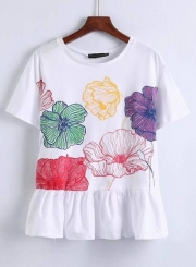 Summer Casual Flounce Printed Short Sleeve Round Neck LooseTee