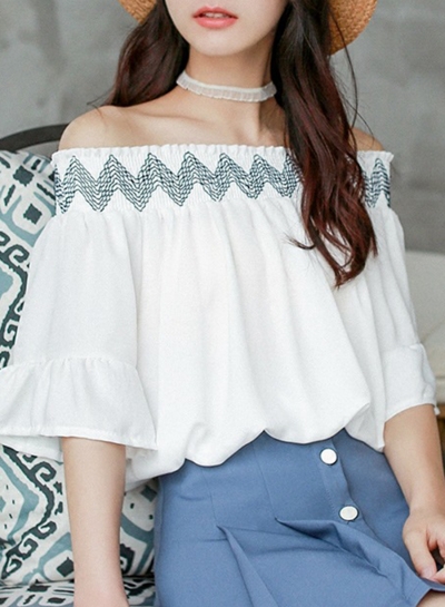 Summer Fashion Embroidered Off Shoulder Flare Sleeve Loose Blouse YOUYOUFASHIONEC.com