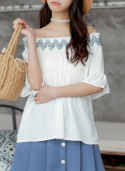 Summer Fashion Embroidered Off Shoulder Flare Sleeve Loose Blouse