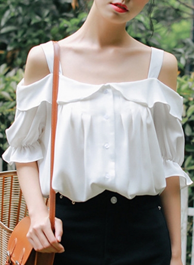 Summer Loose Off The Shoulder Short Sleeve Loose Button Down Shirt STYLESIMO.com