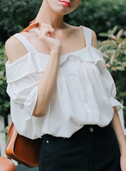 Summer Loose Off The Shoulder Short Sleeve Loose Button Down Shirt