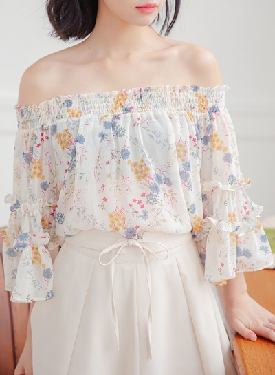 Summer Sexy Floral Printed Off The Shoulder Flare Sleeve Loose Blouse