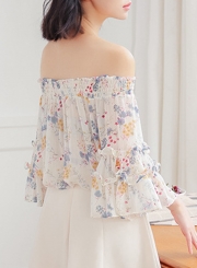 Summer Sexy Floral Printed Off The Shoulder Flare Sleeve Loose Blouse