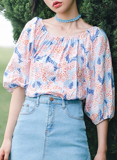 Summer Sweet Floral Printed Off The Shoulder Lantern Sleeve Loose Blouse LEXELFASHIONINTSHOPS.com