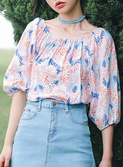 Summer Sweet Floral Printed Off The Shoulder Lantern Sleeve Loose Blouse STYLESIMO.com