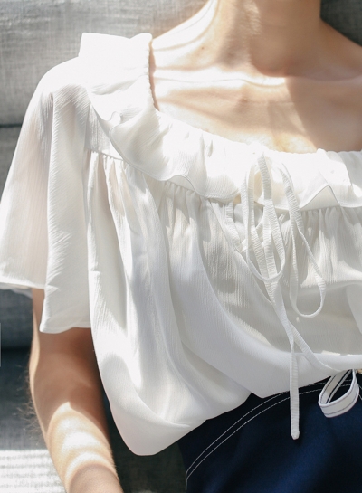 Summer Sweet Off The Shoulder Short Sleeve Lace-Up Loose Solid Blouse LEXELFASHIONINTSHOPS.com