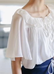 Summer Sweet Off The Shoulder Short Sleeve Lace-Up Loose Solid Blouse