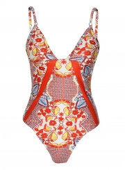 Sexy Floral Printed Spaghetti Strap V Neck Backless One Piece Swimsuit