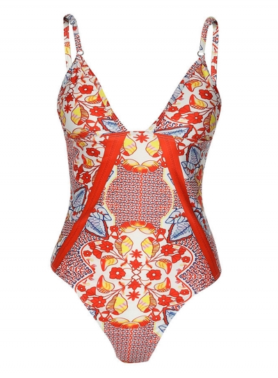 Sexy Floral Printed Spaghetti Strap V Neck Backless One Piece Swimsuit stylesimo.com