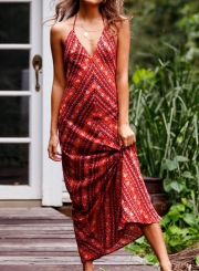 Summer Floral Printed Spaghetti Strap Halter V Neck Backless Maxi Dress