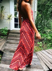 Summer Floral Printed Spaghetti Strap Halter V Neck Backless Maxi Dress