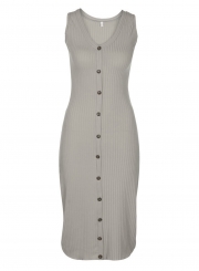 Fashion V Neck Sleeveless Single-Breasted Solid Slim Tank Dress