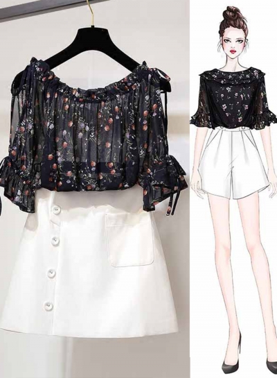 Fashion 2 Piece Floral Off The Shoulder Top Buttons Pocket A-line Skirt YOUYOUFASHIONEC.com