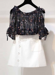 Fashion 2 Piece Floral Off The Shoulder Top Buttons Pocket A-line Skirt