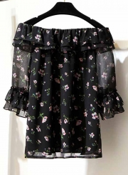 Fashion 2 Piece Floral Off The Shoulder Top Buttons Pocket A-line Skirt