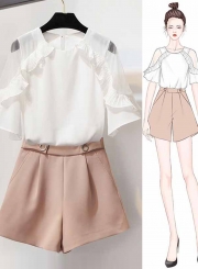 Summer Fashion 2 Piece Off The Shoulder Solid Top Wide Leg Zip Shorts