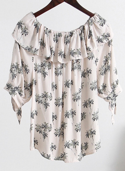 Fashion Floral Off The Shoulder Short Sleeve Ruffle Neckline Loose Blouse LEXELFASHIONINTSHOPS.com