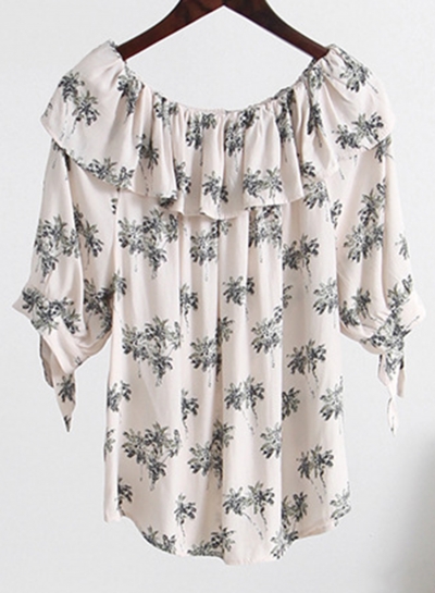 Fashion Floral Off The Shoulder Short Sleeve Ruffle Neckline Loose Blouse STYLESIMO.com