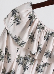 Fashion Floral Off The Shoulder Short Sleeve Ruffle Neckline Loose Blouse