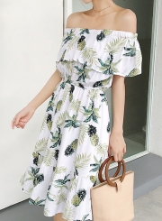 Summer Sweet Off The Shoulder Pineapple Print Elastic Waist A-line Dress