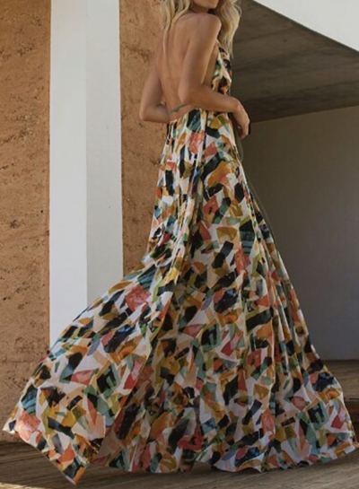 Fashion Sexy Printed Halter V Neck Backless High Waist Swing Maxi Dress LZDINTECOMMERCE.com