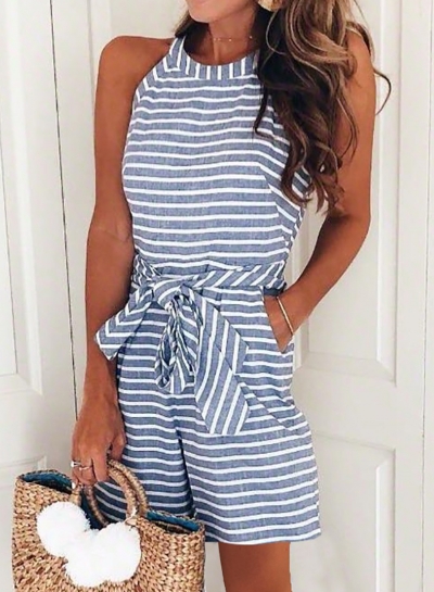 Casual Striped Sleeveless Round Neck Waist Romper With Pockets