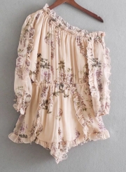 Sexy Floral One Shoulder Off Shoulder Flounce Sleeve Wide Leg Romper