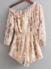 Sexy Floral One Shoulder Off Shoulder Flounce Sleeve Wide Leg Romper