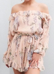 Sexy Floral One Shoulder Off Shoulder Flounce Sleeve Wide Leg Romper