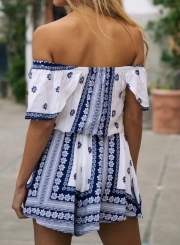 Casual Printed Off The Shoulder High Waist Wide Leg Romper With Drawstring
