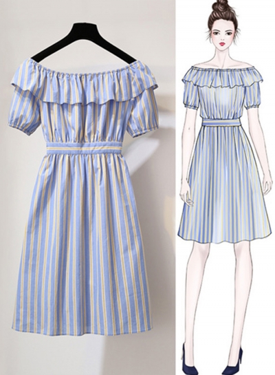 Summer Striped Off The Shoulder Short Sleeve High Waist A-line Dress