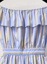 Summer Striped Off The Shoulder Short Sleeve High Waist A-line Dress