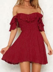 Fashion Sexy Off The Shoulder High Waist Flounce Sleeve Solid Mini Dress