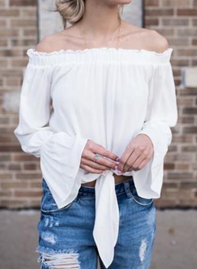 Casual Sexy Off The Shoulder Flare Sleeve Loose Blouse With Tie YOUYOUFASHIONEC.com