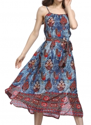 Summer Fashion Floral Printed Spaghetti Strap Waist Tie Swing Midi Dress