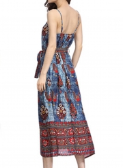 Summer Fashion Floral Printed Spaghetti Strap Waist Tie Swing Midi Dress