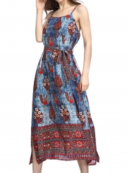 Summer Fashion Floral Printed Spaghetti Strap Waist Tie Swing Midi Dress