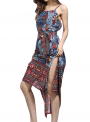 Summer Fashion Floral Printed Spaghetti Strap Waist Tie Swing Midi Dress