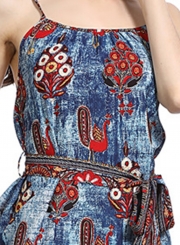 Summer Fashion Floral Printed Spaghetti Strap Waist Tie Swing Midi Dress