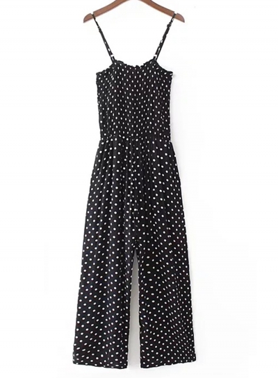 Fashion Polka Dots Spaghetti Strap Straight Wide Leg Jumpsuit With Pockets